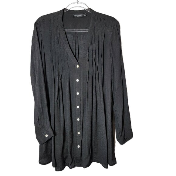 Notations Black Top Plus Size 2X Long Sleeve V-Neck Button Up Semi Sheer - Picture 1 of 6